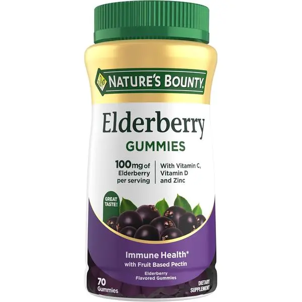 Nature's Bounty Elderberry Gummies, Dietary Supplement, Supports Immune Health, Contains Vitamin A, C, D, E and Zinc, 100 mg, 120 Gummies