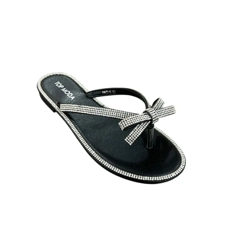 Haiti-36 Glittery Bow Sandal - Black Flip Flop with Sparkling Bow Detailing for Women's Fashion