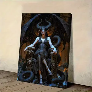 1 Piece Goddess Lilith Gothic Fantasy Canvas Wall Art - Dark Theme Exquisite Throne and Snake Design, with Hook Mounted Canvas Frame, Suitable for Bar, Club, Cafe, Restaurant Decoration, Medieval Style, 2D Flat