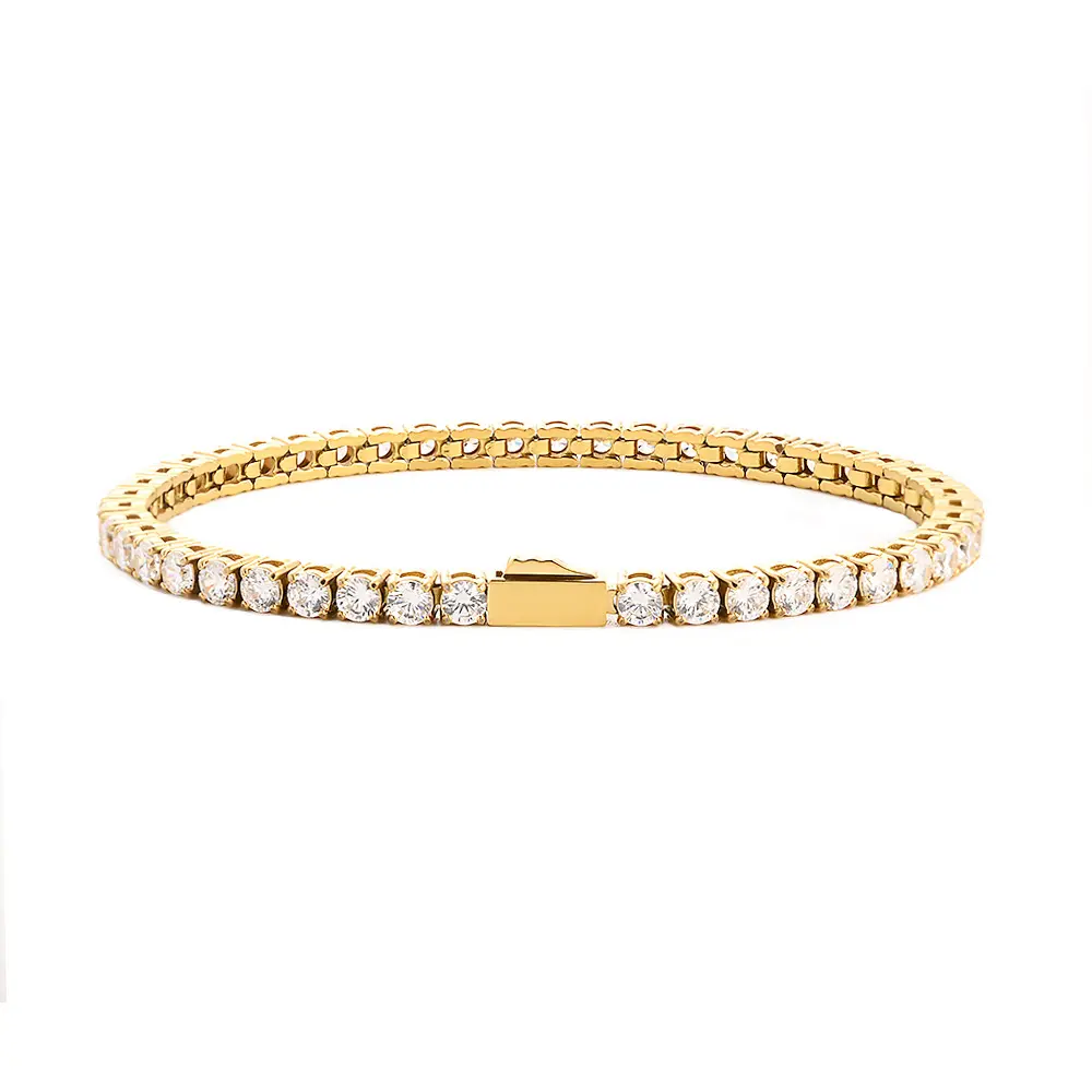 Unisex 3-5MM 1-Piece Stainless Steel Tennis Chain Bracelet with Round Diamonds, Multi-Size Hip-Hop Zircon Bangles