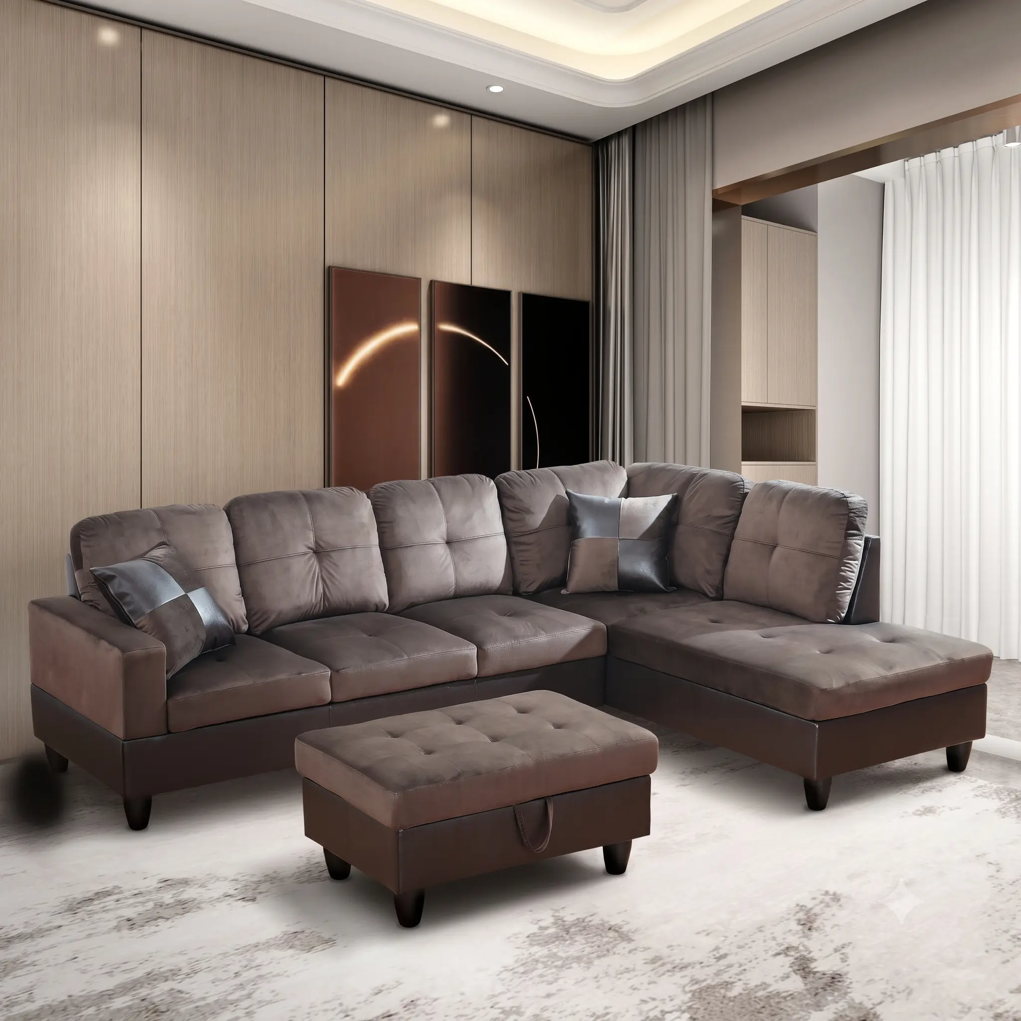 3-Piece Dark Brown Flannel and PVC Living Room  Set, Indoor Home Living Space nice Furniture l shaped sectionals of a sofa enl