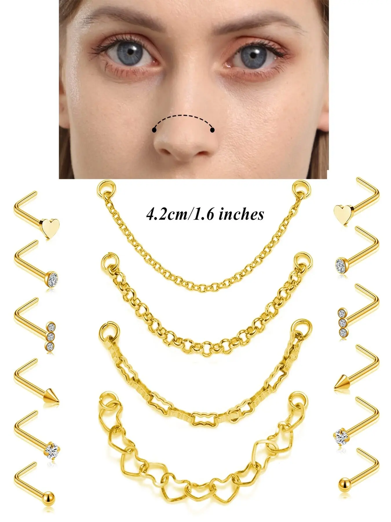 16 Pcs Nose Piercing Jewelry Set Trendy Stylish & Versatile Style (Piercings Jewelry, L-Shaped Nose Studs, Cute Heart/Chain Designs, Stainless Steel Material, 4.2cm Chain Length) for Women & Girls (Daily Wear, Party Looks & Nose Piercing Styling)