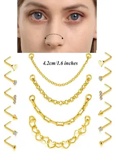16 Pcs Nose Piercing Jewelry Set Trendy Stylish & Versatile Style (L-Shaped Nose Studs, Cute Heart/Chain Designs, Stainless Steel Material, 4.2cm Chain Length) for Women & Girls (Daily Wear, Party Looks & Nose Piercing Styling)