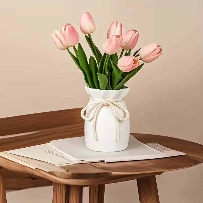 Nordic Luxe Hemp Bow Decorative Vase, Cream Minimalist Round Bud Vase for Tulips & Sunflowers, Easy-Clean Waterproof, Boho Style, Flower Arrangement Vase, Home Decor Vase, Flower Vases