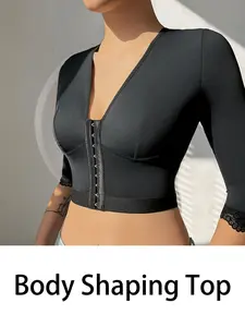 Women's Body Shaping Top Elastic Chest Binding Arm Cuffs High Stretch Soft Comfort Lightweight Seven-Quarter Sleeves Front Button Design