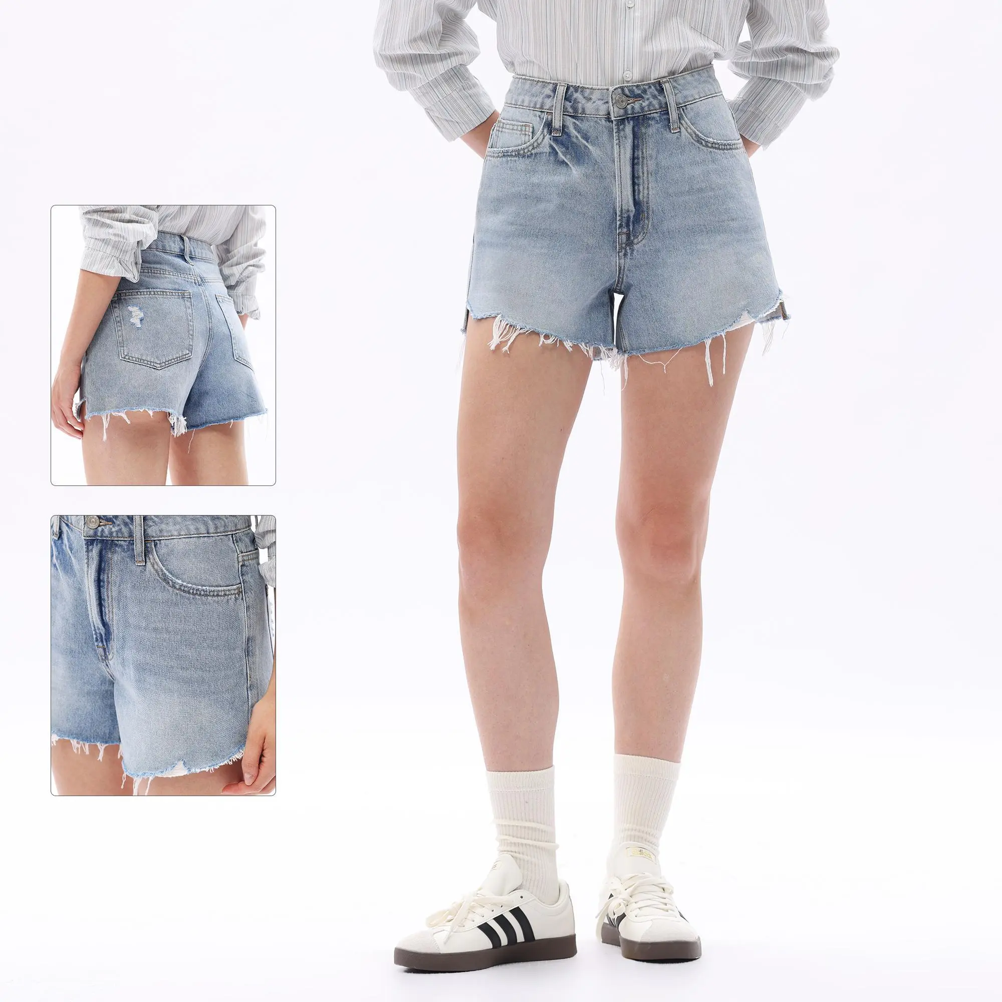 ONESO Women's Crossover High-Waisted Denim Shorts - Cotton-Polyester Fabric, Loose Boyfriend Fit, Casual Streetwear Bottoms for Summer, Loose Shorts, Zipper Front, Loose Fit