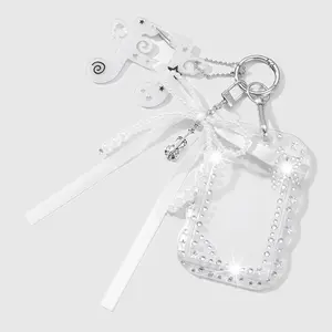 1 piece INS creative, fashionable, versatile minimalist handmade beaded set: white faux pearls, ribbon bow, acrylic polka dots, musical notes, transparent white sliding card holder/case for campus cards and ID cards; includes a rhinestone sticker. DIY key