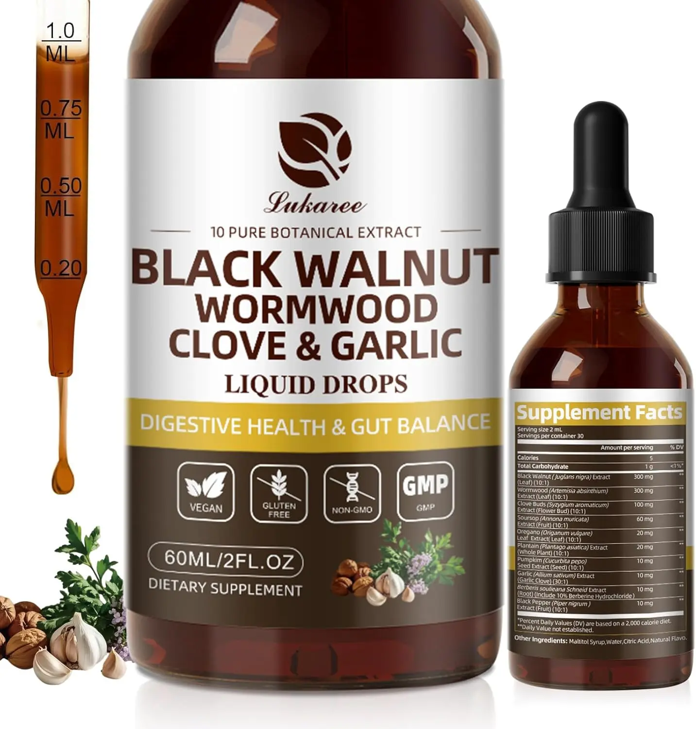 *Lukaree Rapid Gut Cleanse,Digestive Health, Black Walnut Wormwood Tincture Dorps with Oregano,Garlic,Berberine, 10:1 Ultra-Concentrated Liposomal Delivery, Edible Dietary Healthcare Supplement