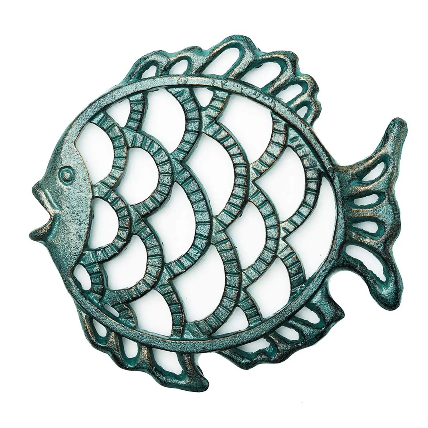 Sungmor Rustic Dark Green Cast Iron Decorative Trivet - 7.5in Dia Fish Shape Metal Round Stand, Heat-Resistant Kitchen Accessory for Hot Pots/Dishes, Wood Stove Tableware Protector (Dia-7.5")