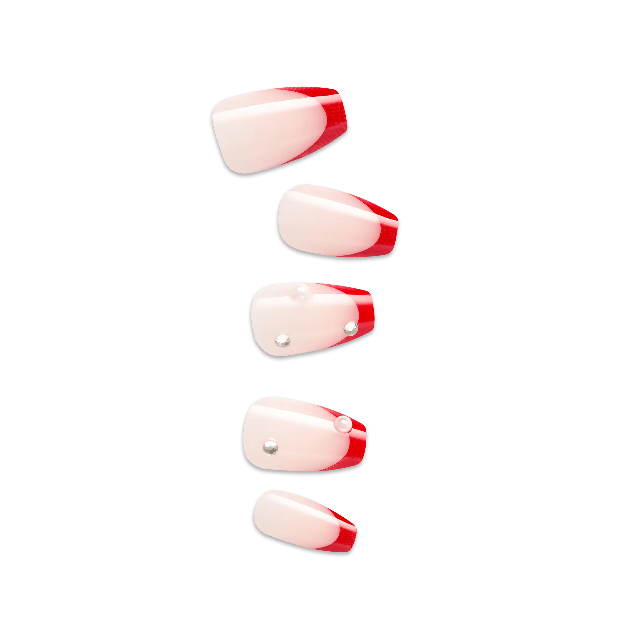 Impress Design No Glue Fake Press On Nails - Happy World | 3D & Jewel French, Red, Medium, Coffin, Manicure