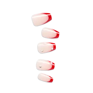Impress Design No Glue Fake Press On Nails - Happy World | 3D & Jewel French, Red, Medium, Coffin, Manicure