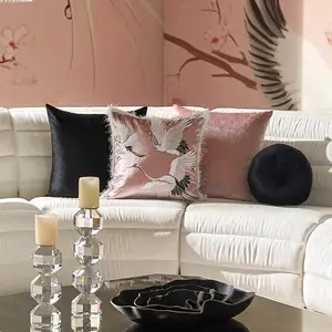 Z Gallerie Crane Embroidered Pillow 20" - Dusty Rose Decorative Cushion Cover Eyelash Fringe Artistic Focal Point