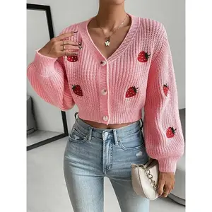Women’s strawberry-embroidered cropped cardigan with front buttons, casual drop-shoulder long sleeves, V-neck knitwear for autumn and winter—fashionable ladies’ knit clothing for daily wear (pink cardigan).