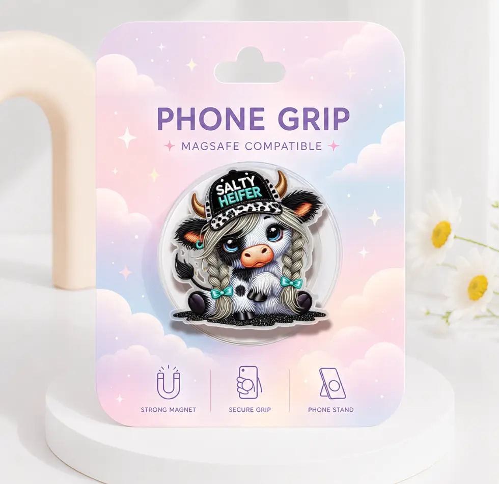 ATBG Salty Heifer Cow MagSafe Phone Grip, Funny Farm Animal Magnetic Phone Holder, Coquette Highland Cow Acrylic Pop Socket, Girly Cow Kindle Grip, Gift for Her