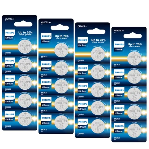 PHILIPS CR2025 Coin Cell Batteries 20-Pack - 3V Lithium Button Cells, Long-Lasting Power, Mercury-Free, Non-Toxic, Reliable for Watches, Key Fobs, Calculators, Small Electronics