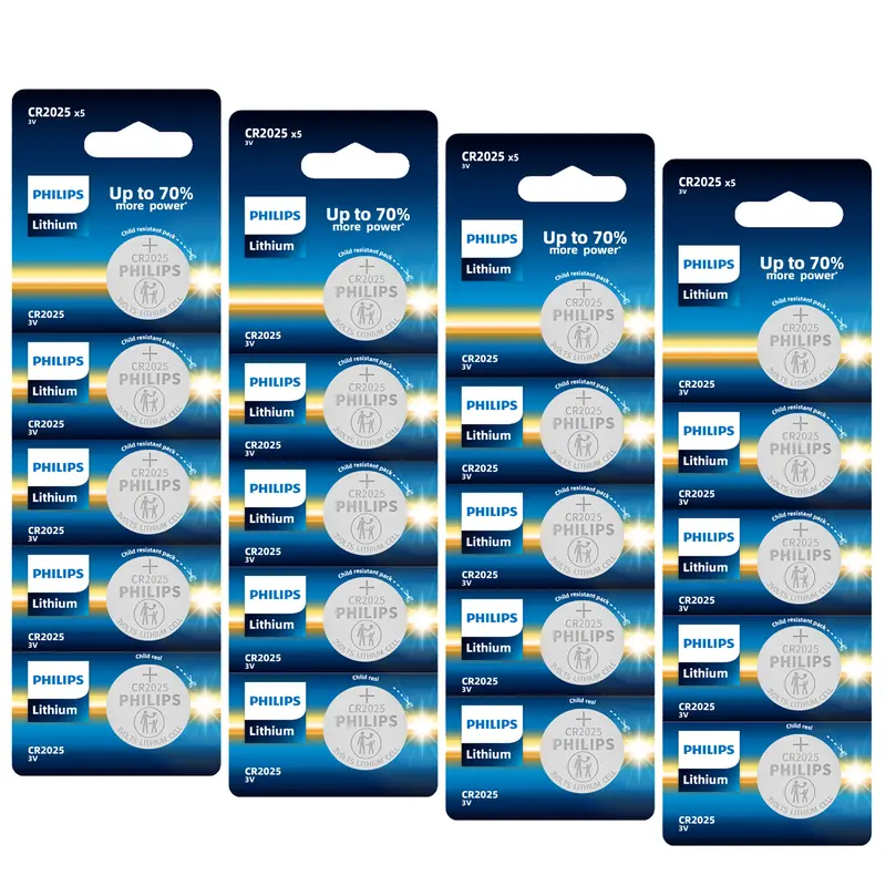 PHILIPS CR2025 Coin Cell Batteries 20-Pack - 3V Lithium Button Cells, Long-Lasting Power, Mercury-Free, Non-Toxic, Reliable for Watches, Key Fobs, Calculators, Small Electronics