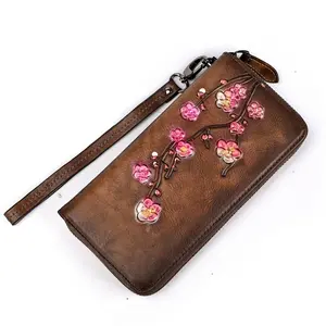 Vintage Style - Genuine Leather Wallet for Women - Embossed Floral Design - Multi-Card Holder - with Wristlet - Positioning Printing - Edge Paint Detail - for Handcrafted Long Clutch Purse