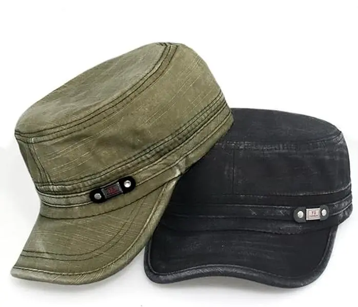 2Pcs Unisex Cadet Army Cap Adjustable Flat Top Cap Washed Cotton Military Hat Baseball Cap (Black/Green) - Home Improvement.