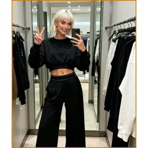Women's Autumn and Winter Trendy Two-Piece Set - Cropped Terry Cloth Long-Sleeve Sweatshirt & Black Quick-Dry Pants s