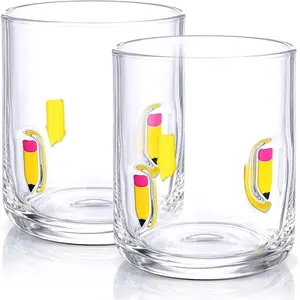 2 Pcs Pencil Icon Juice Glasses - 14oz Pencil Pattern Stemless Wine Drinking Coffee Glass Cup for Home Party Supplies & Gift