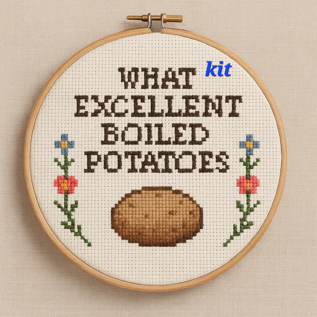Jane Austen Beginner Cross Stitch Kit - What Excellent Boiled Potatoes Design with Floral Accents for Easy Crafting Enthusiasts