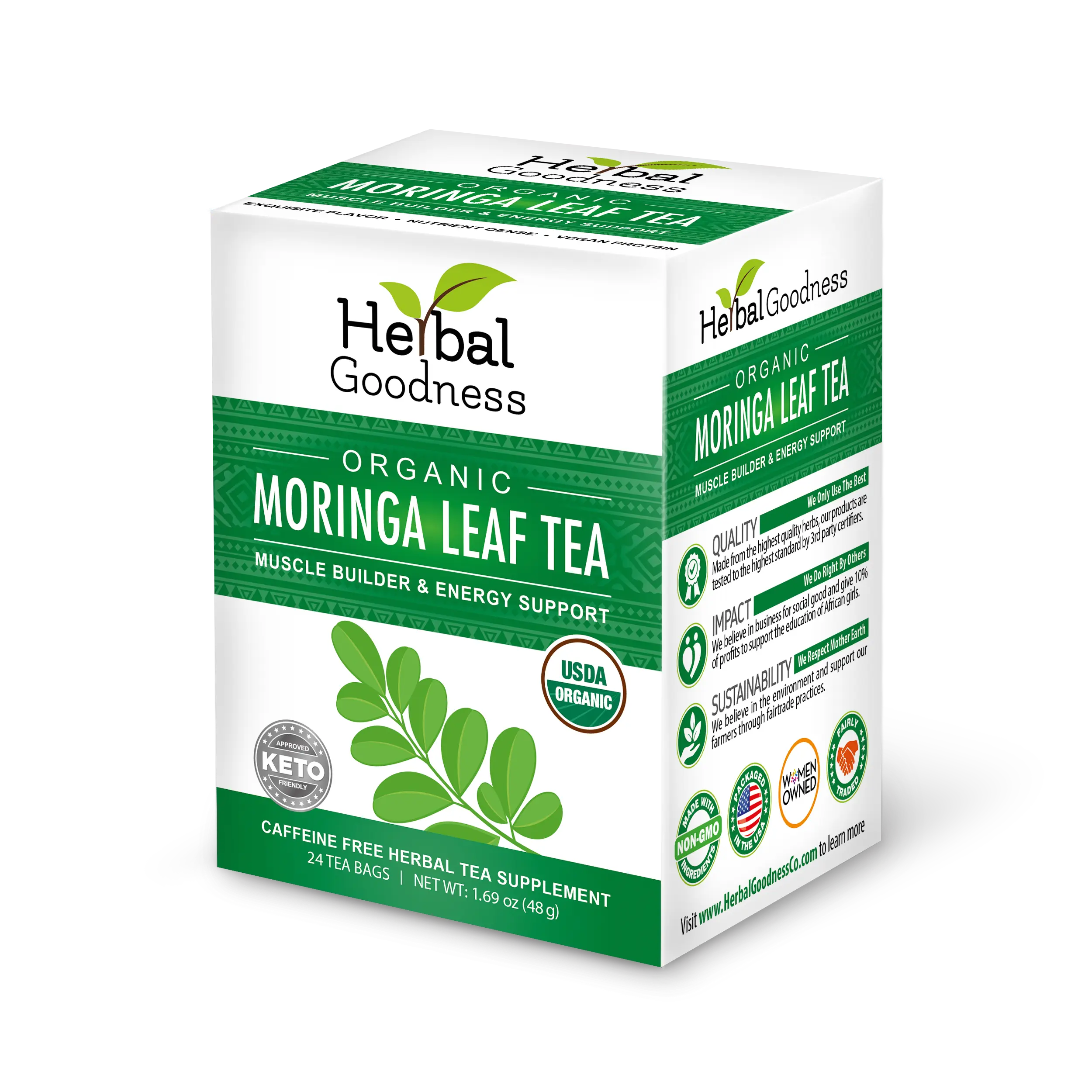 Herbal Goodness Organic Moringa Leaf Tea - 24 Bags USDA Organic Non-GMO Caffeine-Free Supports Digestive Health & Detox Herbal Beverage