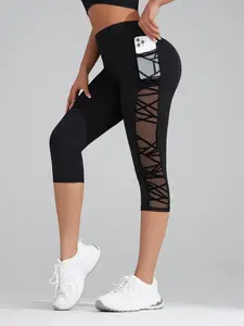 Women's Contrast Mesh Pocket Design Cropped Shaping Leggings, Casual Sporty Comfy Breathable Skinny Pants for Yoga Gym Workout, Ladies Bottoms for All Seasons