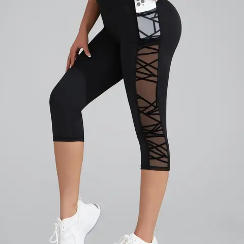 Women's Contrast Mesh Pocket Design Cropped Shaping Leggings, Sporty Comfy Breathable Pants for Yoga Gym Workout, Bottoms for All Seasons High Waisted Leggings, Activewear Bottoms