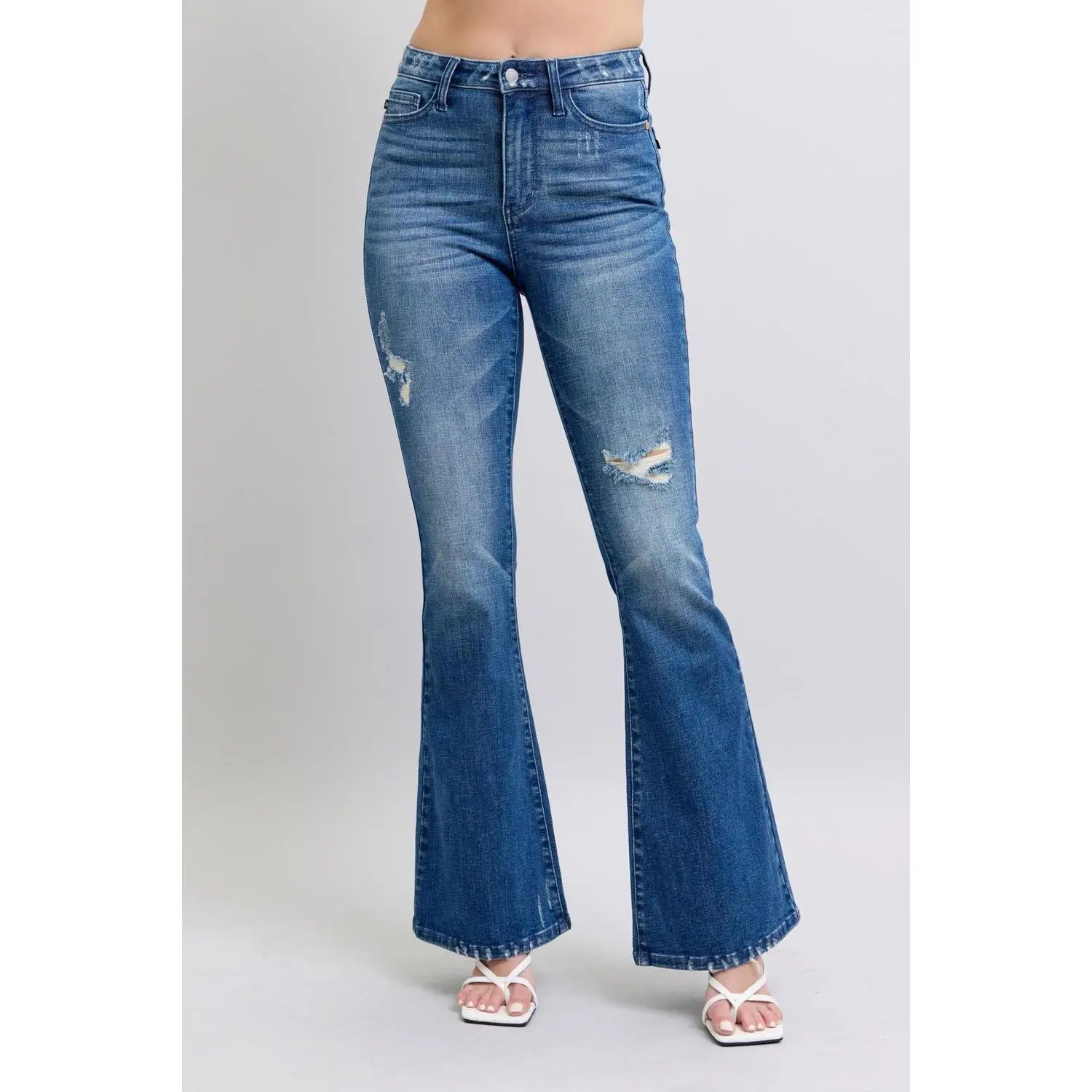 Judy Blue High Waist Contrast Wash Destroy Flare Denim Jeans 88383 Bottom Fit, Spandex, Cotton, Soft, Fitted, Fashion Jeans, Hip, Retro, Style, Curvy Fit Jeans