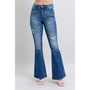 Judy Blue High Waist Contrast Wash Destroy Flare Denim Jeans 88383 Bottom Fit, Spandex, Cotton, Soft, Fitted