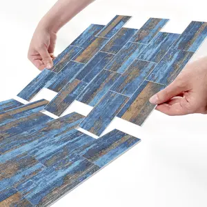 10/20PCS AST-L Herringbone Blue-Brown Distressed Wood Grain Peel and Stick Tile Stickers, Thick PE Frosted Waterproof Self-Adhesive Wall & Floor Decor