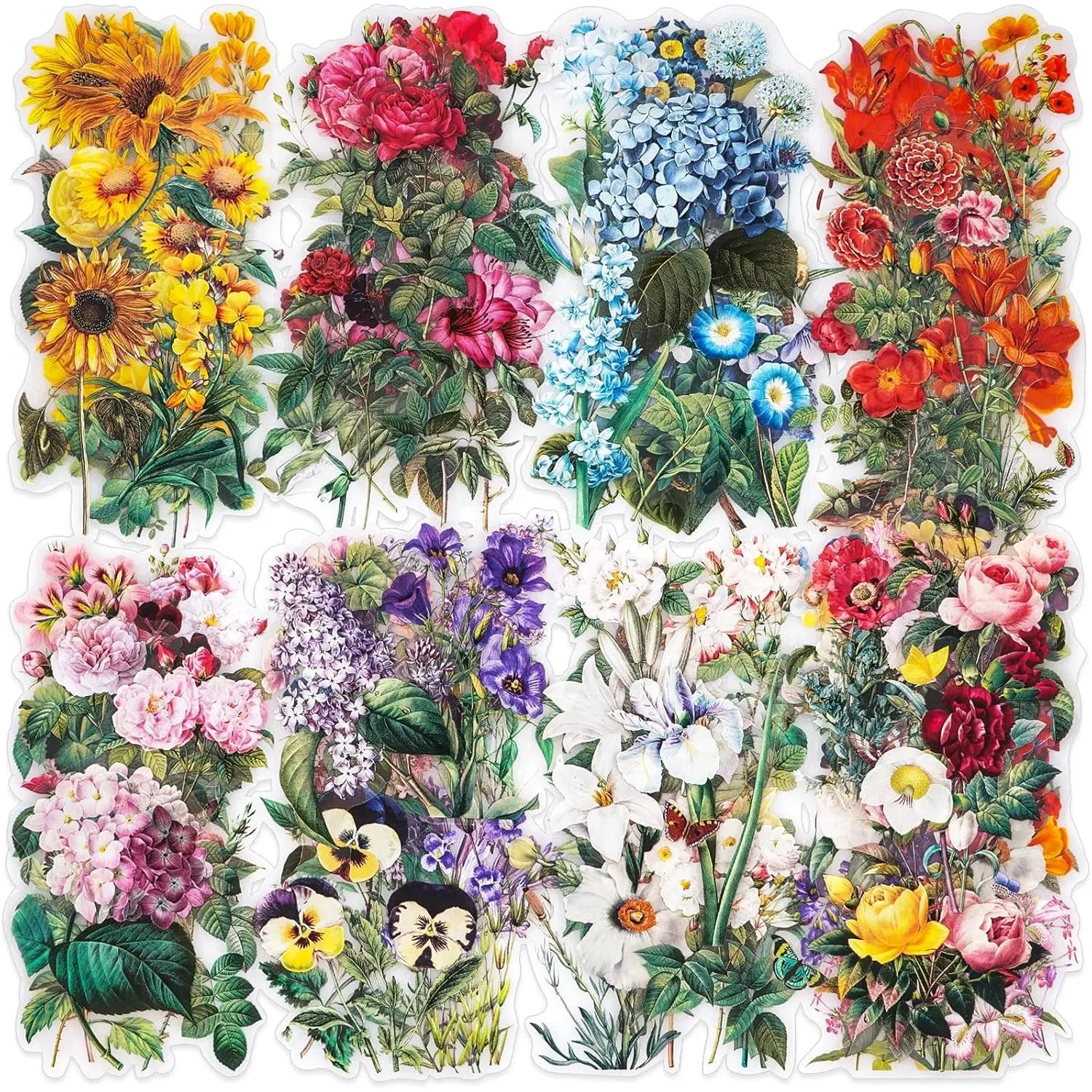 L-PCS005  100 Pieces Vintage Flower Stickers Set - Big 3.4" Waterproof Clear Botanical Floral Journaling Sticker for Scrapbooking Junk Journal Supplies Bullet Journals Planner Collage Laptop Paper Crafts