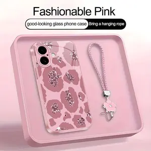 Y2K Pink Leopard Faux Glitter Art Phone Case, Suitable for [iPhone 16 Plus] high-end women's, Lanyard a beautiful four-leaf clover lanyard is included🍀 952