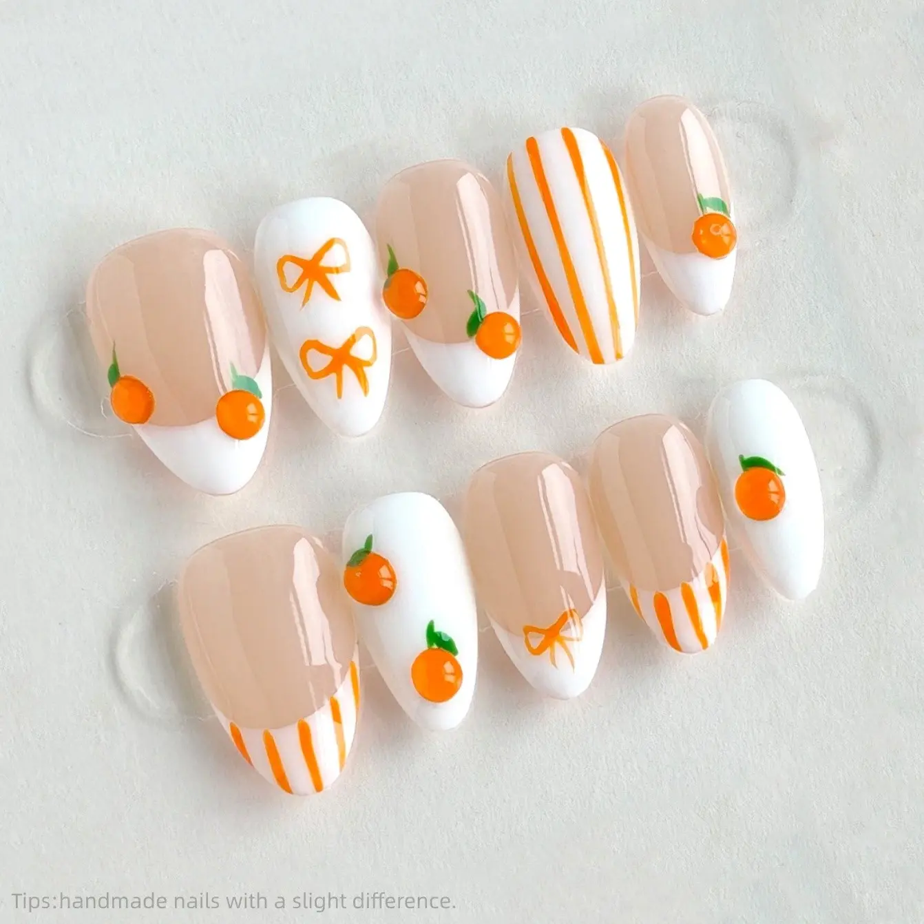 10pcs Handmade Nude Orange Press on Nails Almond Short French Tips Wearable Reusable Cute Removable False Nails 2026 Summer Style
