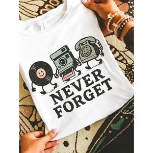 Plus Size, Women's Plus Size 90s Retro T-Shirt - 90s Never Forget Pop Culture Vintage Tee With Cassette, Floppy Disk & Up Graphics, White Nostalgic 90s TV & Movies Shirt, Machine Washable, Casual Style, Crew Neck, Regular Fit, Local Shipping
