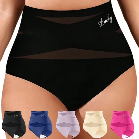Women's Ice Silk Blend High-Waisted Panties - 4/5/8-Pack Multi-Color Breathable Smooth Shapewear Briefs with Soft Mesh Panels, Herringbone Fabric, Piping, Curve Lift Support