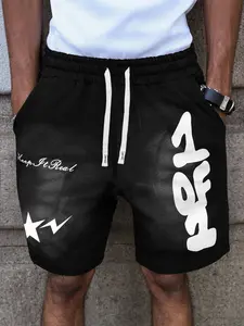 Men's Summer Casual Athletic Printed Shorts, Graphic Letter Star Pattern, Drawstring Waist, Raw Hem Design, Loose Fit, Street Style, Zipper Fly