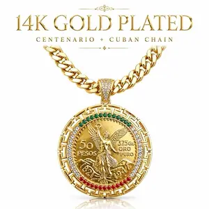 14 Gold Plated Mexican Flag 50 Pesos Miami Cuban Curb 24" 7mm Centenario Pendant Chain Hip-Hop Jewelry Accessory For All Occasions Gold Coin Necklace