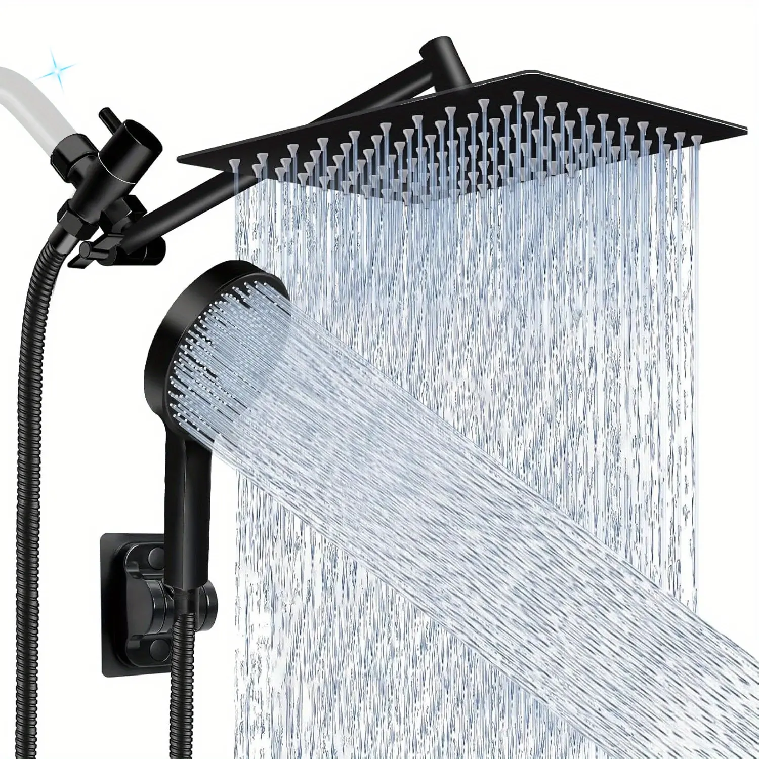 Shower Head, High Pressure Rainfall/Handheld Shower Combo with 11'' Extension Arm, 9 Settings, Anti-Leak Shower Head with Holder, Height/Angle Adjustable, Chrome, Matte Black