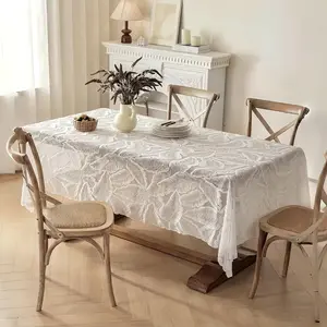 1pc Lace Cutout Edge Tablecloth, White Leaf Vibe, Sideboard Cover, Outdoor Wedding Dustproof Table Cloth, Wavy Ruffle Trim