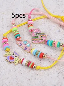 New European and American Style Gold Glitter Butterfly Motif Rainbow Children's Bracelet, Colorful Soft Clay Woven Friendship Theme Bracelet and Necklace Set