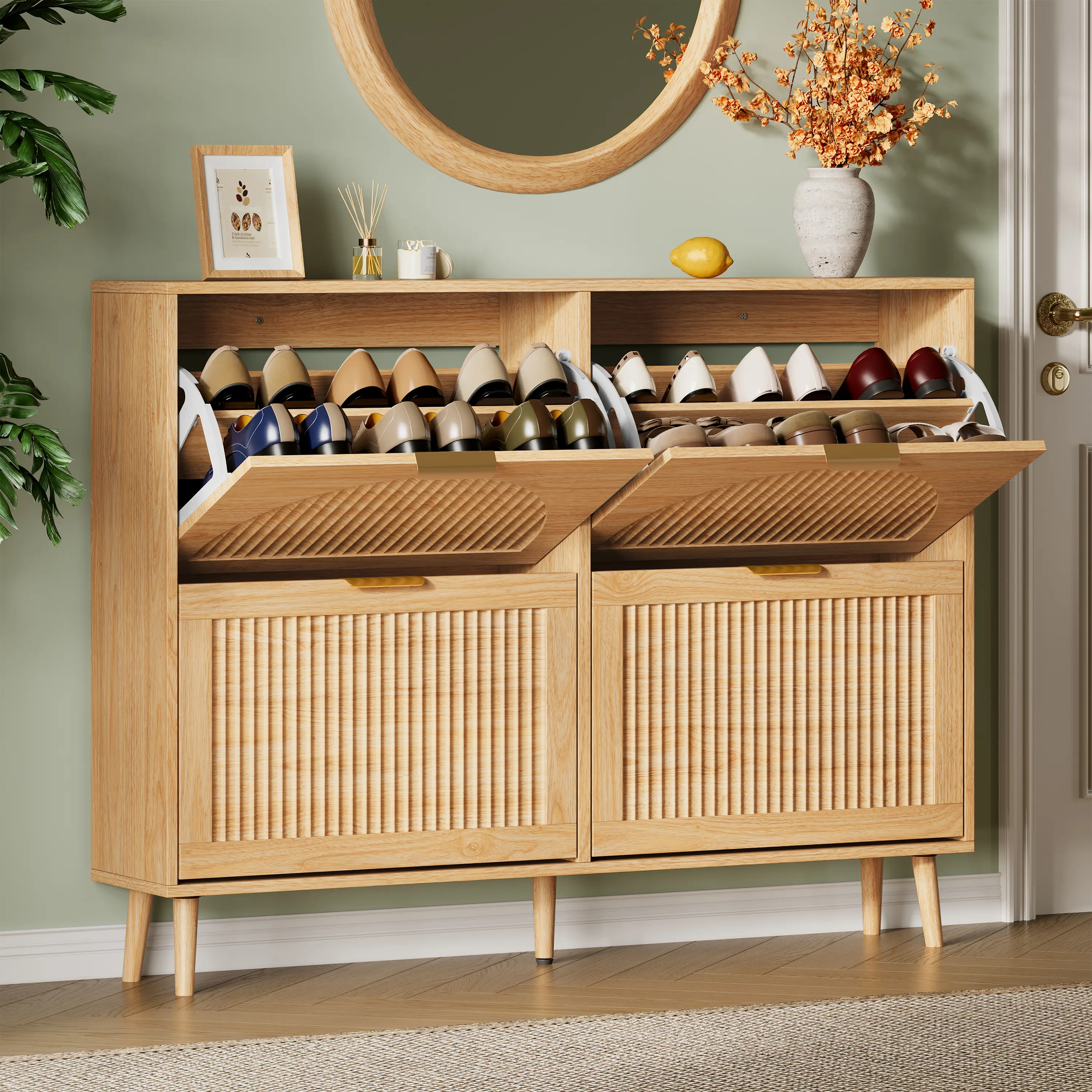 Shoe Storage Cabinet with 4 Flip Drawers, 36" Tall Narrow Wood Fluted Shoe Organizer for Entryway, Freestanding Wooden Hidden Slim Shoe Rack for Front Door Entrance, Hallway, Foyer