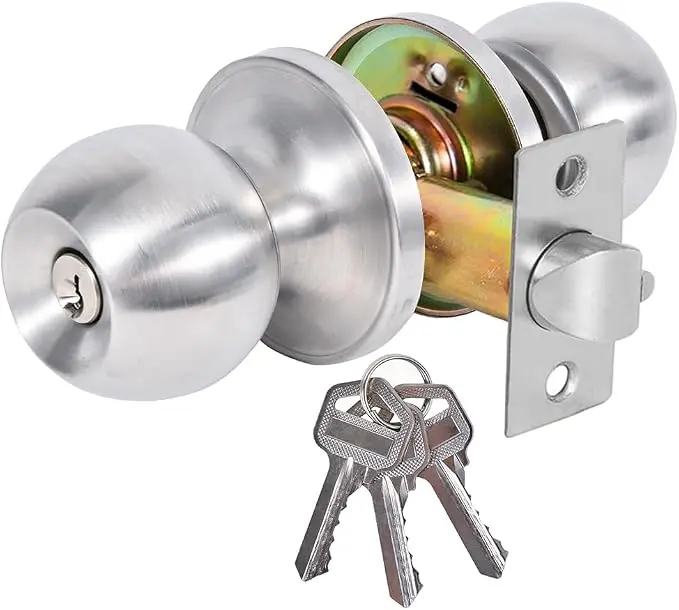 High-Security Stainless Steel Round Door Knob Lock with Keys, Full Metal Construction Rustproof Metal Plated Easy Install Doorknob for Entry & Bedroom Doors, Silver Exterior-Interior Ball Handle Lock, Easy Install Doorknobs, Full Metal Construction Doorkn