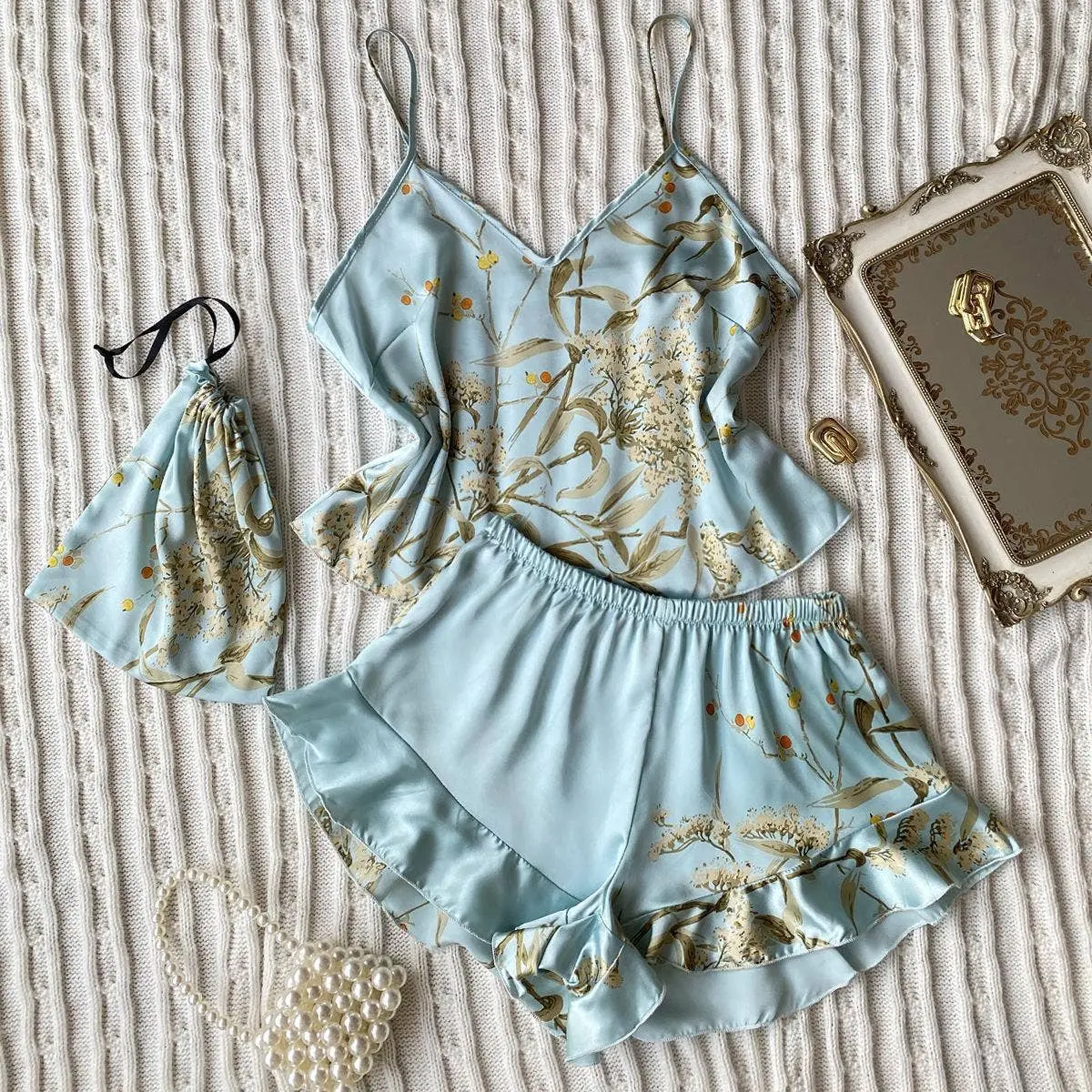 Fashion Printed Silk Pajamas 2 Piece Set