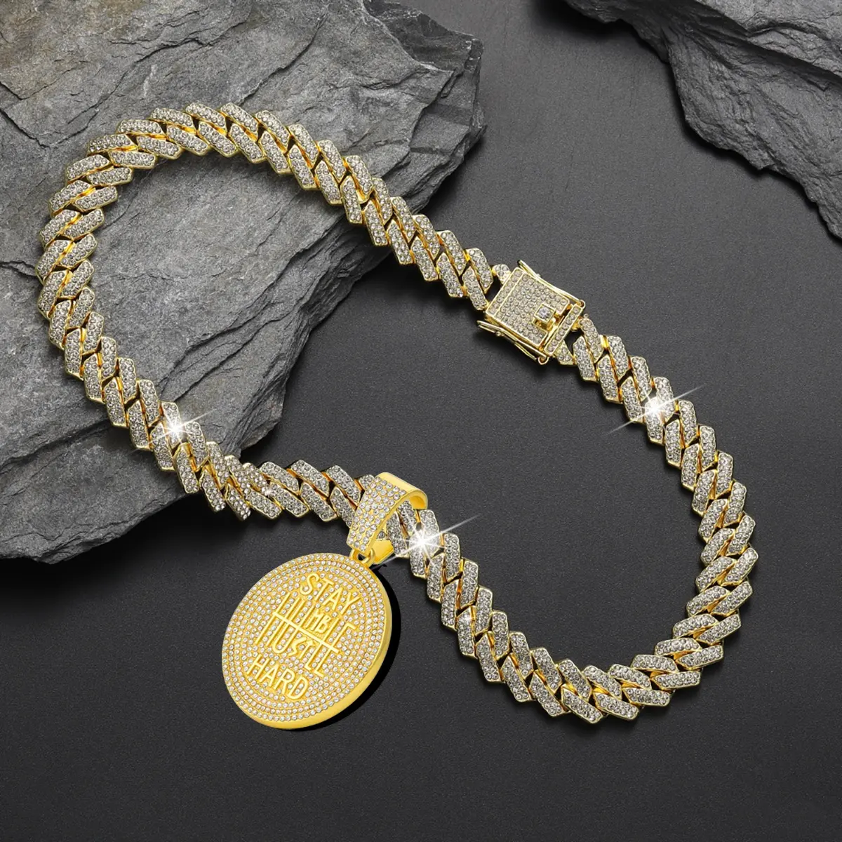 Circle Letter Pendant Miami Cuban Link Chain Necklace Iced Out Bling Rhinestone Hip Hop Jewelry for Men Women