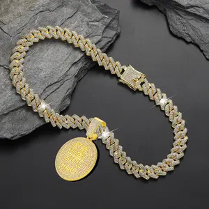 Circle Letter Pendant Miami Cuban Link Chain Necklace Iced Out Bling Rhinestone Hip Hop Jewelry for Men Women