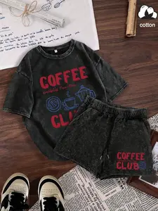 Two-Piece Set Women's Coffee Club Print Short Sleeve Tee & Shorts, Casual Round Neck T-shirt & Shorts, Ladies Clothes for Daily Wear, Shortsleeve Suits, Casual Outfits Women