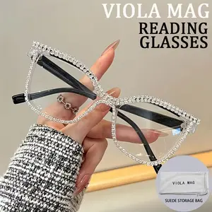 New Women's Fashion Vintage Square Rhinestone High Quality Eyewear Reading Glasses, +1.0 to +4.0 Strength, Lightweight Durable PC Material, Includes Eyeglass Case