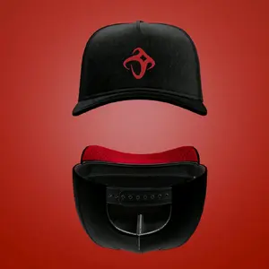 Black  Cap with Red Logo and Adjustable Strap.
