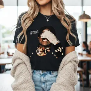 Crewneck T Shirt Black Michael Jackson Portrait With Signature And Sparkle Details For Casual Wear And Music Fans
